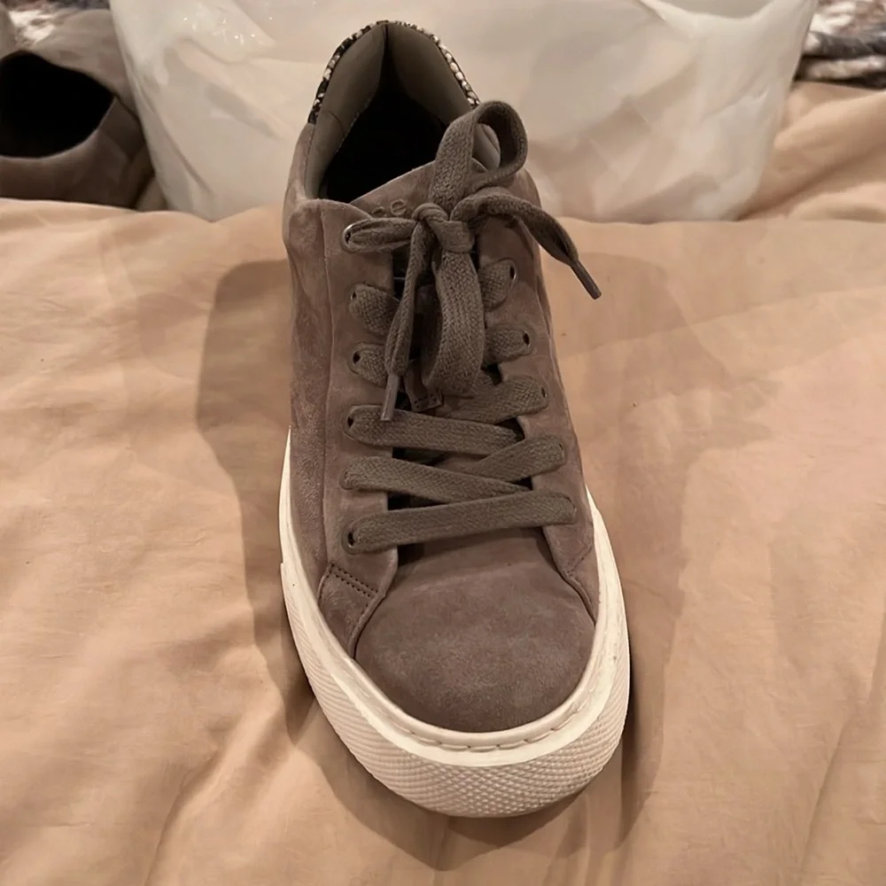 VINCE Gray Suede with Snake Print Heel Lace Up Platform Sneakers